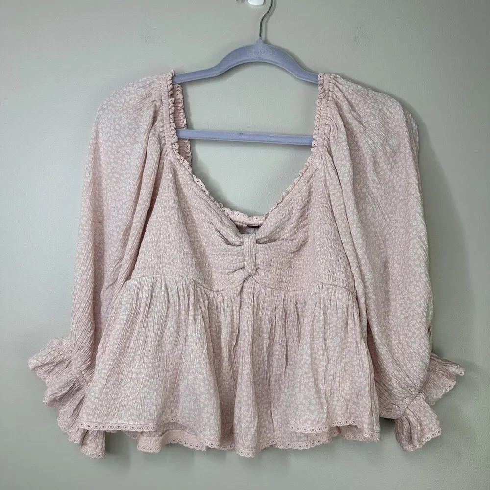 Free People Top Women Small Pink Brittnee Smocked Peplum Shirt Peasant Milkmaid
